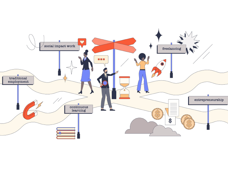 Career crossroads with 3 people standing in the middle trying to figure out which way to go for their careers