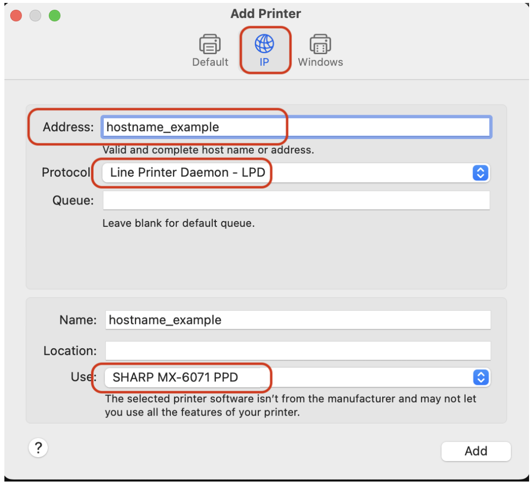 Screenshot of macOS Add Printer window with IP setup for SHARP MX-6071 using LPD protocol.