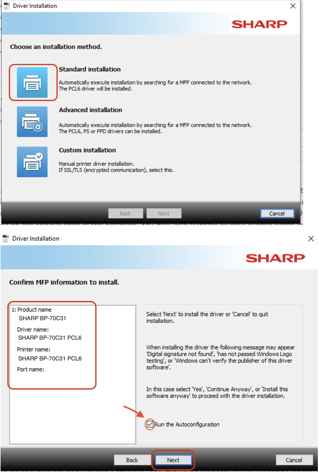 Screenshot of SHARP printer driver setup. First screen shows three install options: Standard, Advanced, and Custom. Second screen confirms printer info for SHARP BP-70C31 with options to proceed or cancel.