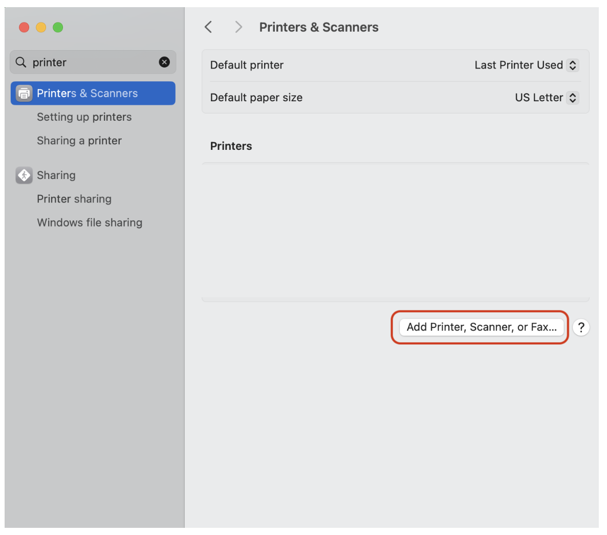 Screenshot of macOS Printers & Scanners settings with the “Add Printer, Scanner, or Fax…” button highlighted.