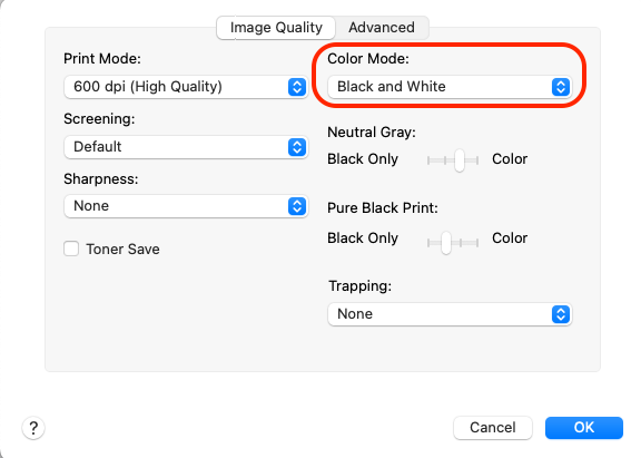 Printer settings dialog box with "Image Quality" tab selected. Options include 600 dpi print mode, default screening, no sharpness, unchecked toner save, black and white color mode, and sliders for Neutral Gray and Pure Black Print. Trapping is set to none. "Cancel" and "OK" buttons appear at the bottom.