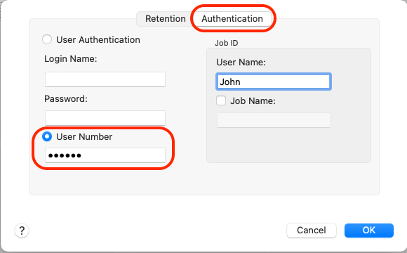 Authentication screen with tabs for "Retention" and "Authentication," the latter being selected. Fields include Login Name, Password, and a masked User Number input. On the right, under Job ID, the User Name is "John" and Job Name is blank. Buttons for "Cancel" and "OK" are at the bottom right.