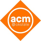 Logo featuring an orange diamond shape with a white circle inside. The circle contains the text “acm @okstate” in lowercase, with “acm” in bold and larger font above the smaller “@okstate.”