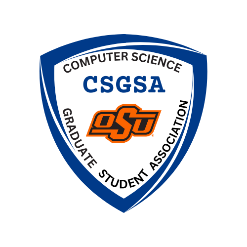 Shield-shaped logo with a blue border featuring the Oklahoma State University emblem in orange and black. Text reads “COMPUTER SCIENCE” at the top, “CSGSA” in large blue letters in the middle, and “GRADUATE STUDENT ASSOCIATION” at the bottom.