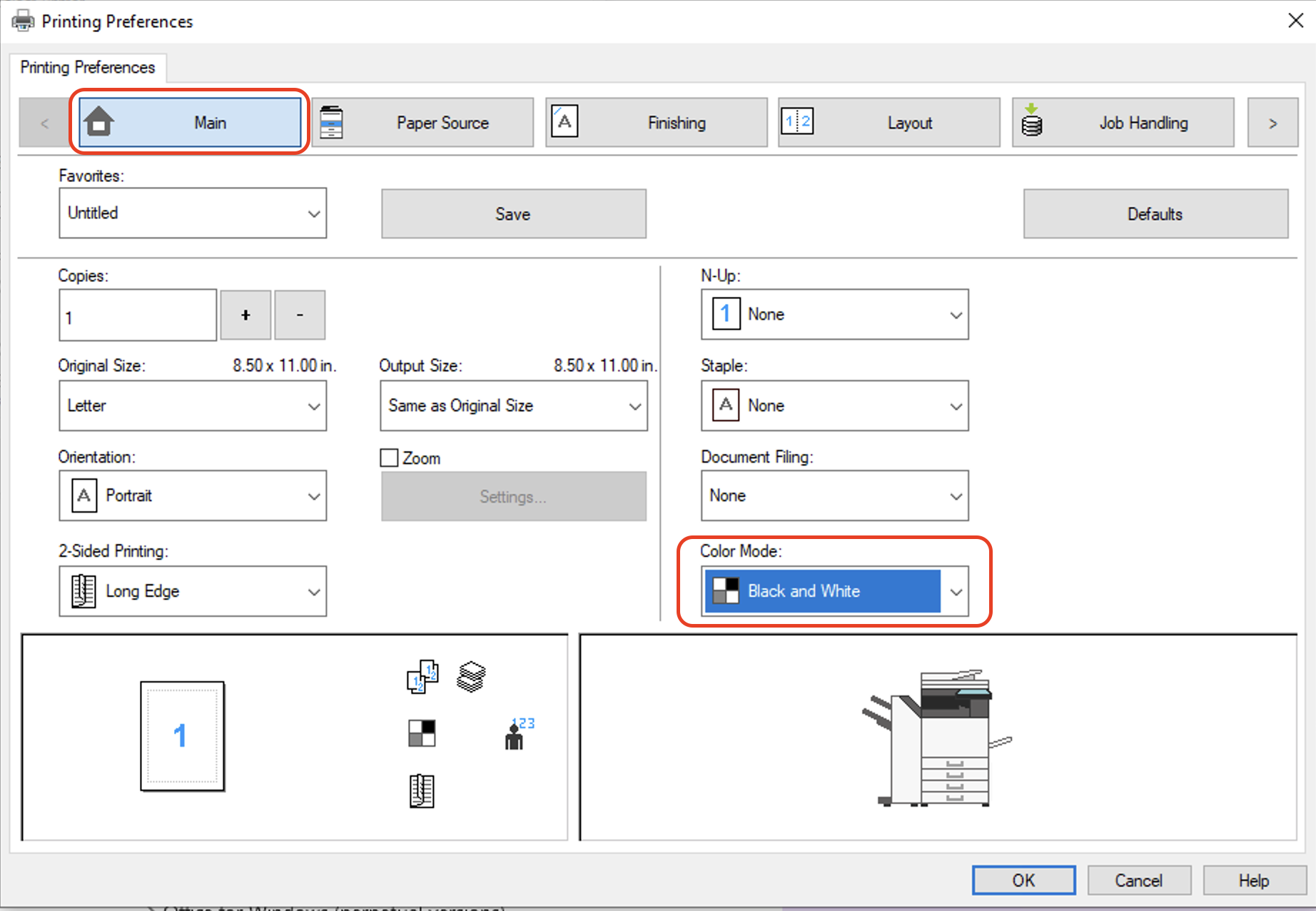Screenshot of a "Printing Preferences" window with the "Main" tab selected. Options include number of copies, original and output size, orientation (Portrait), 2-sided printing (Long Edge), N-Up, staple, document filing, and color mode (Black and White). Buttons for Save, OK, Cancel, and Help are visible.