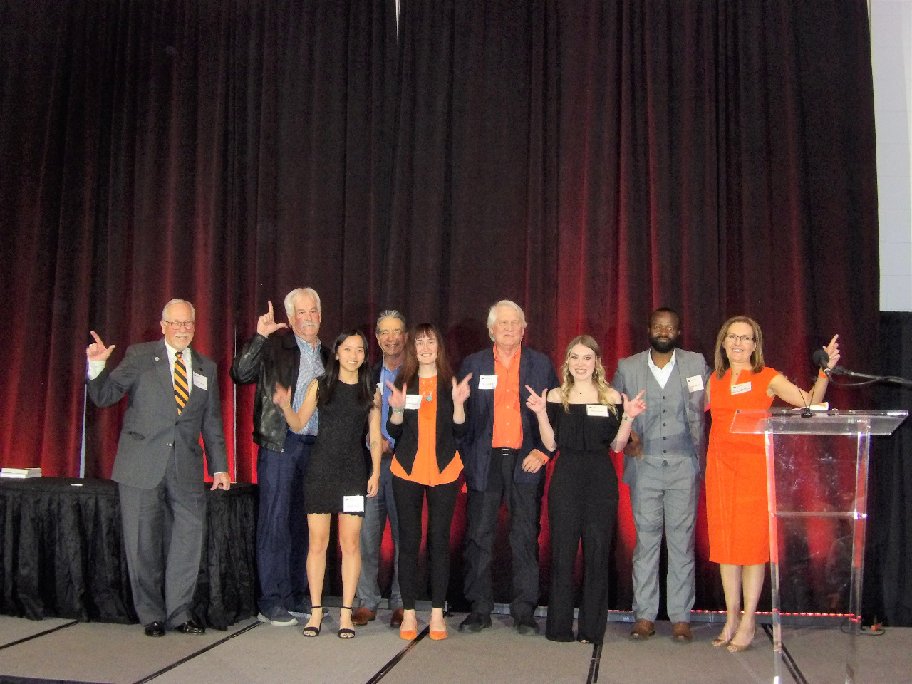 Four male Oklahoma Geological Foundation members with three female and one male award recipients along side Dr. Camelia Knapp. Four male Oklahoma Geological Foundation members with three female and one male award recipients along side Dr. Camelia Knapp.