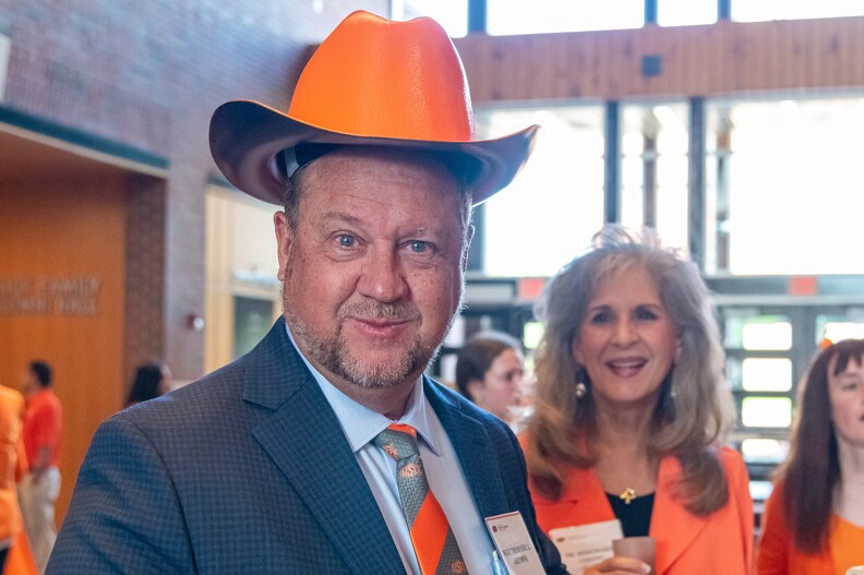 Mike Thornhill wearing a huge orange cowboy hat. Mike Thornhill wearing a huge orange cowboy hat.