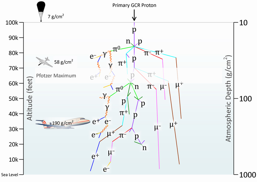 Air shower illustration depicting hadronic, electromagnetic, and muonic components