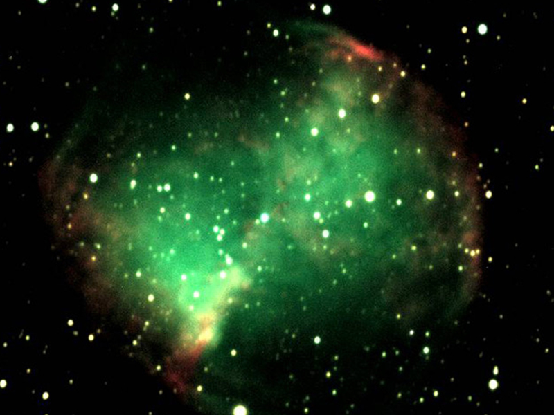 A composite image of the Planetary Nebula Messier 27 created from the red, green, blue, and luminance filtered images.