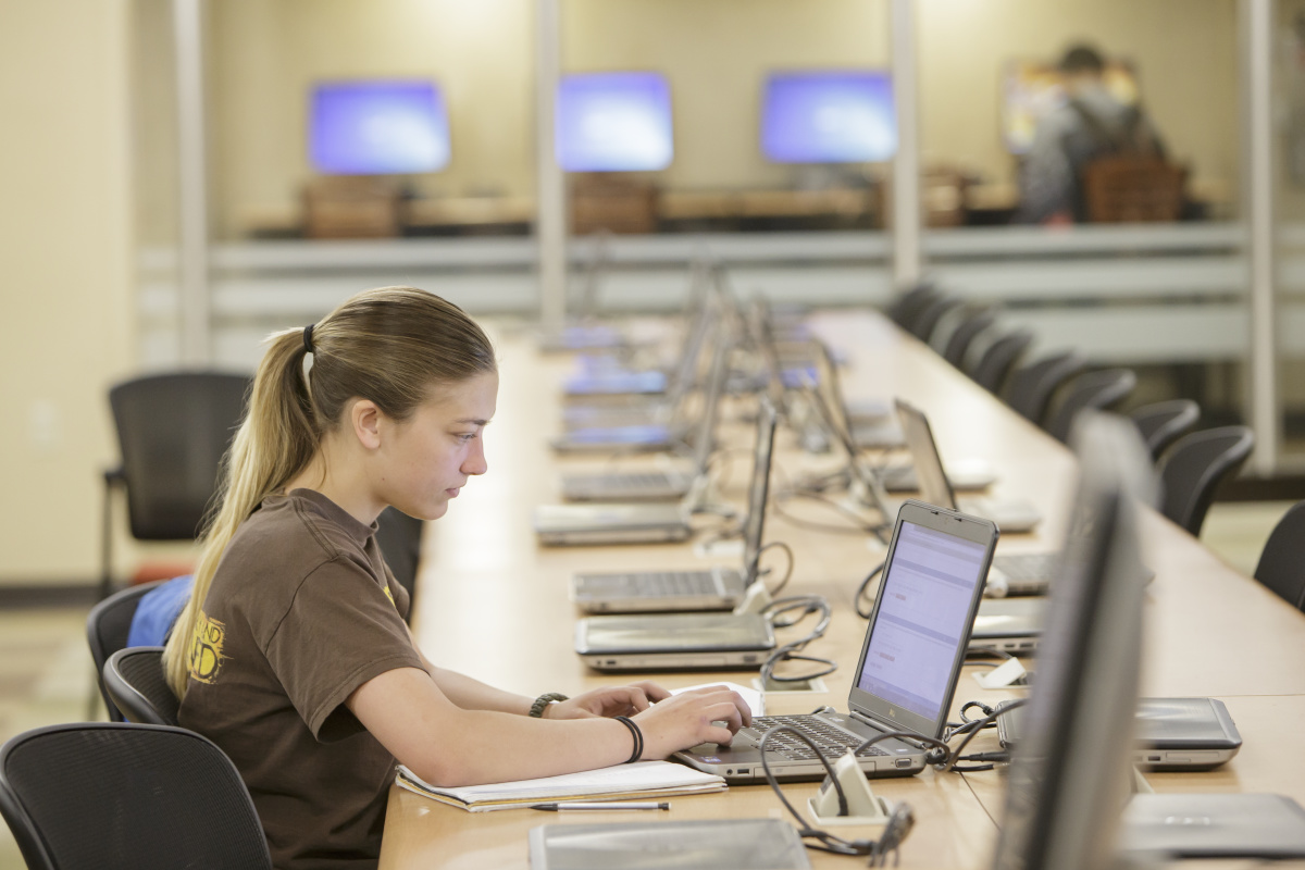 Person using a laptop at a long table in a computer lab with multiple laptops and empty chairs; another person stands near computers in the background