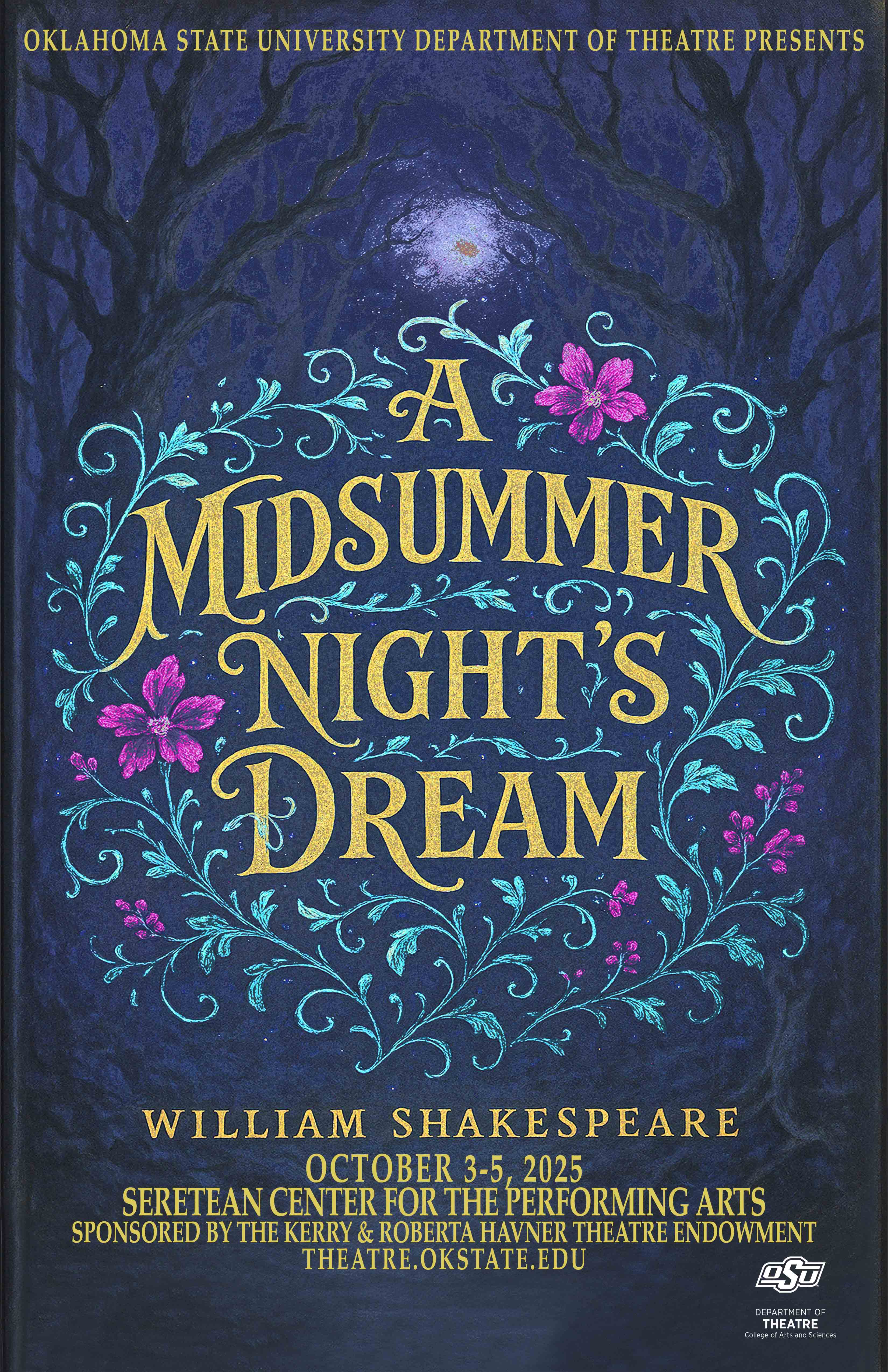 A Midsummer Night's Dream poster with flowers, trees and vines