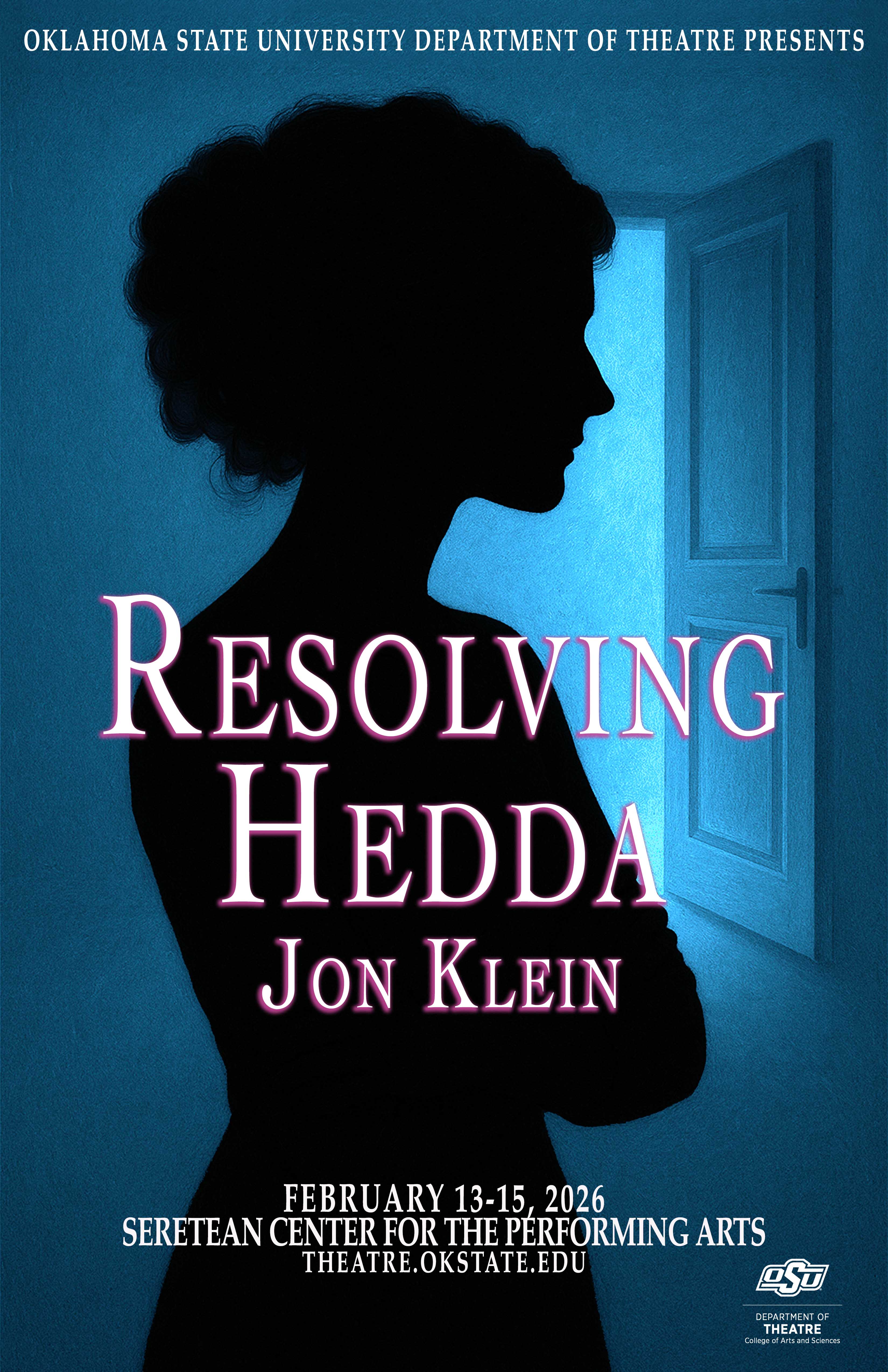 Resolving Hedda poster with a woman silhouette and an opened door in the background