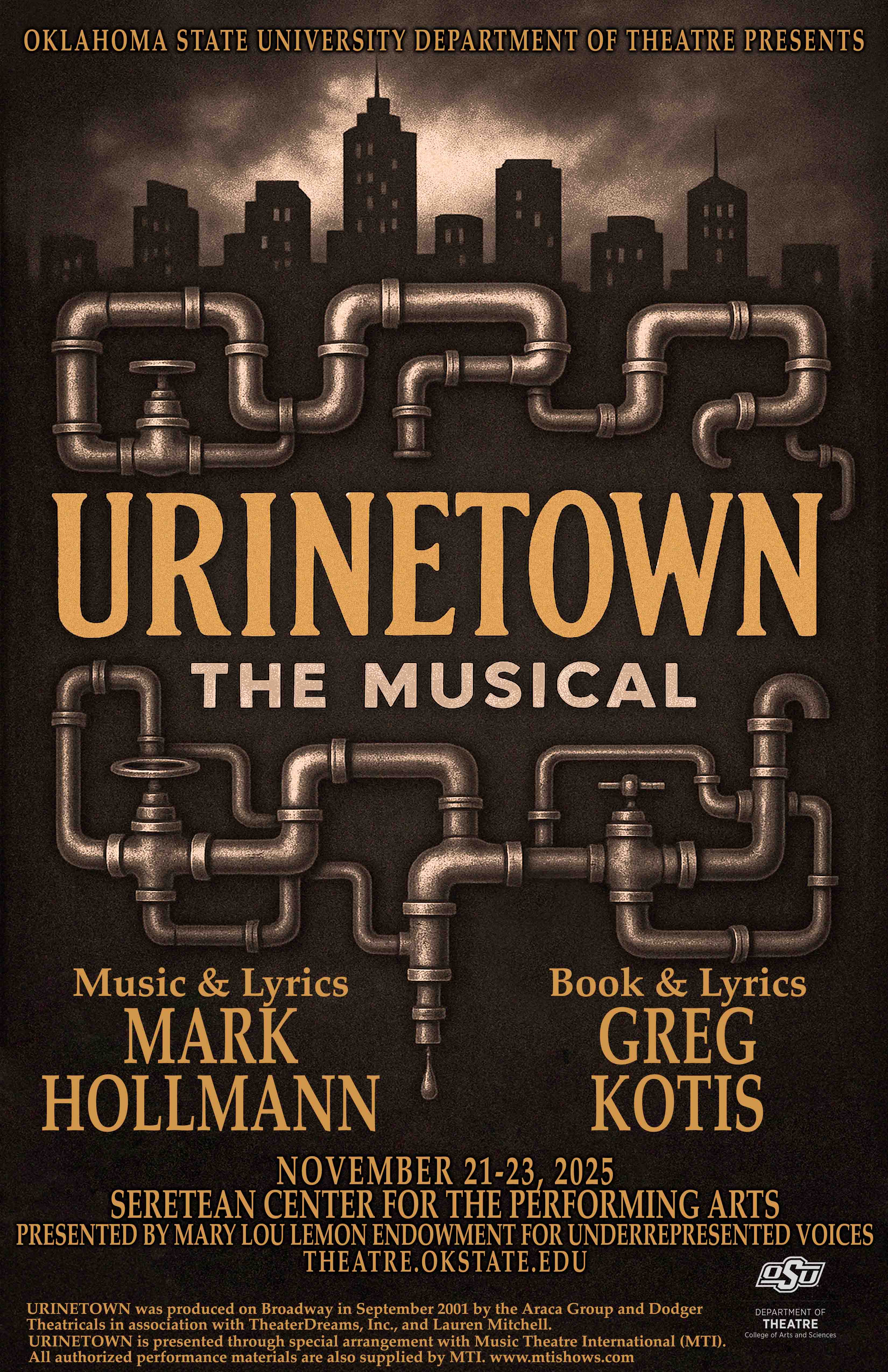 Urinetown the musical poster with plumbing pipes and a cityscape