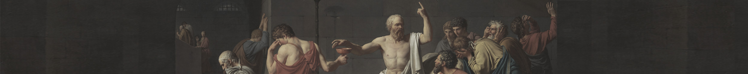 Socrates taking a cup of poison surrounded by people.